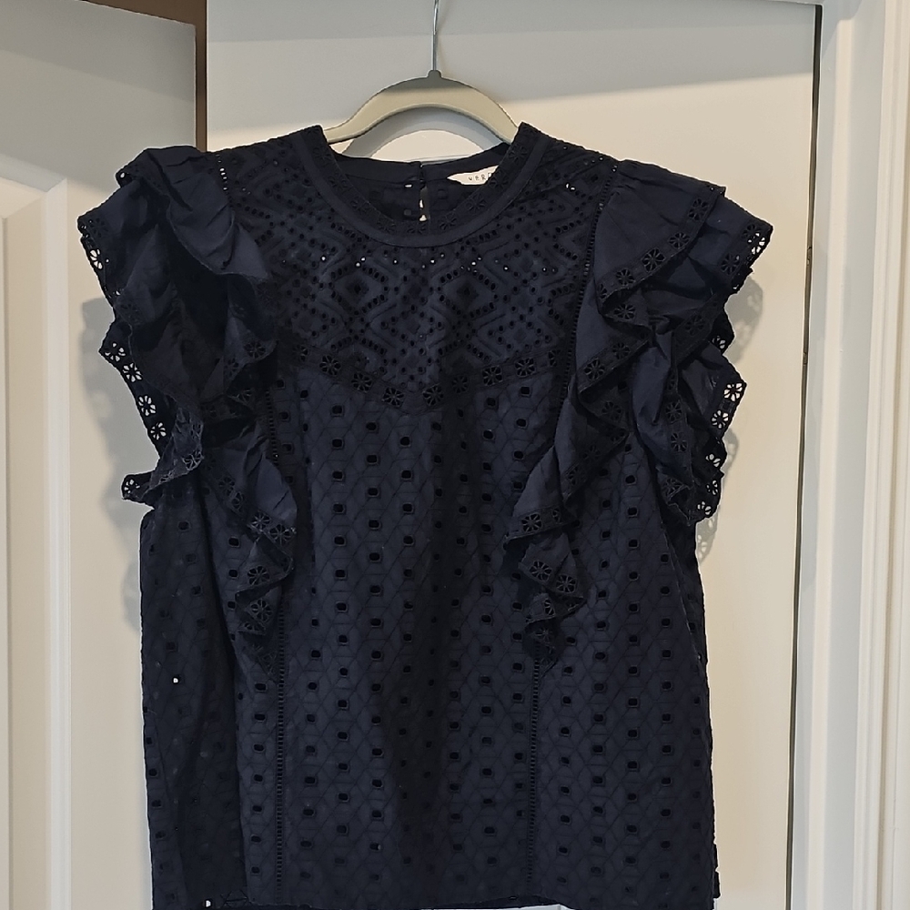 Veronica Beard Navy Eyelet Ruffle  Blouse Size 10
